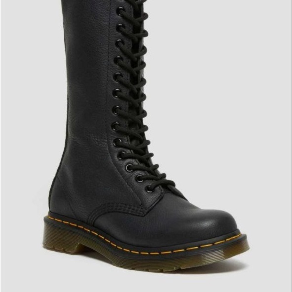 Dr. Martens Black Leather Lace-Up Combat Boots with Yellow Stitching